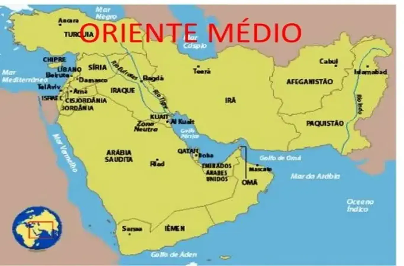 mapa do oriente médio para ilustrar texto sobre conflito entre israel e palestina