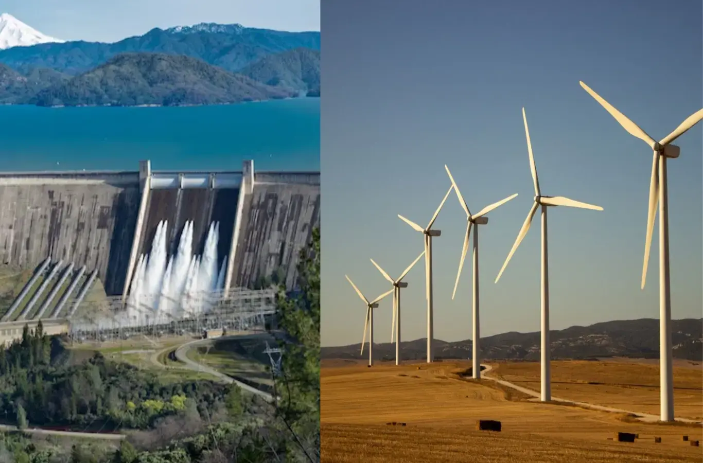 montagem com foto de usina hidrelétrica e parque eólico para ilustrar texto sobre matriz energética