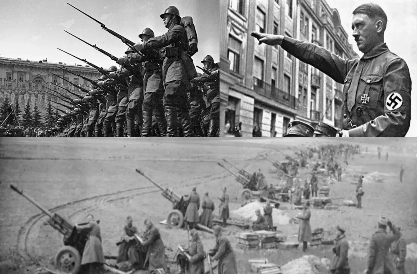 3 imagens que representam a segunda guerra mundial: hitle, homens armados e canhões