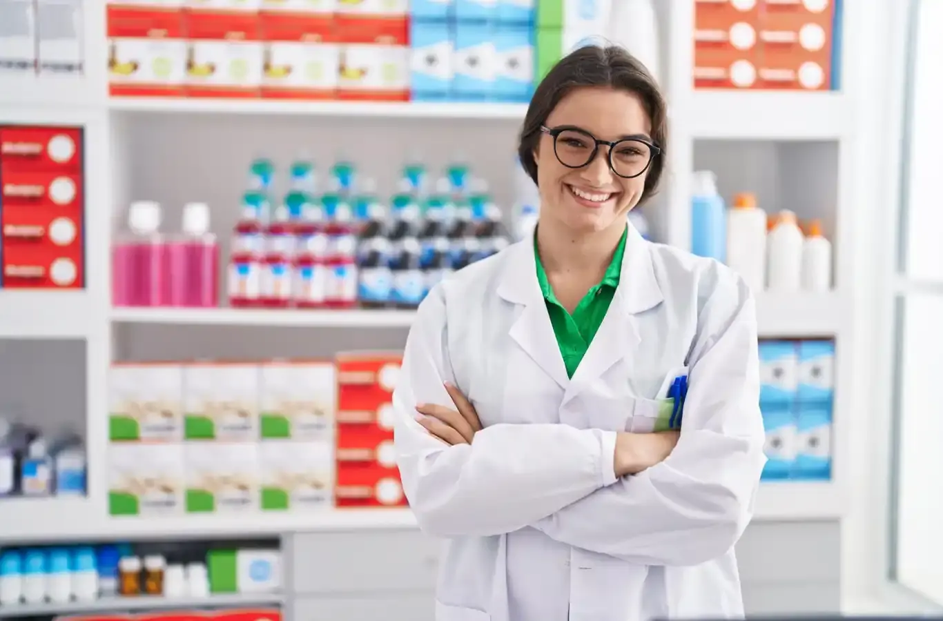 Jovem farmacêutica sorrindo para ilustrar texto sobre especializações em farmácia