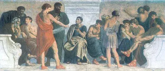 Afresco Escola de Aristóteles, de Gustav Spangenberg, retrata os discípulos do Liceu  para ilustrar o conteúdo sobre o que é metafísica