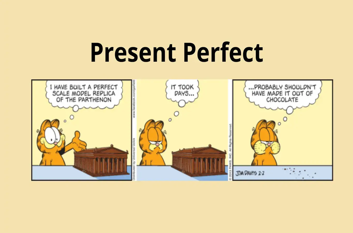 Quadrinho do garfild com fala usando present perfect