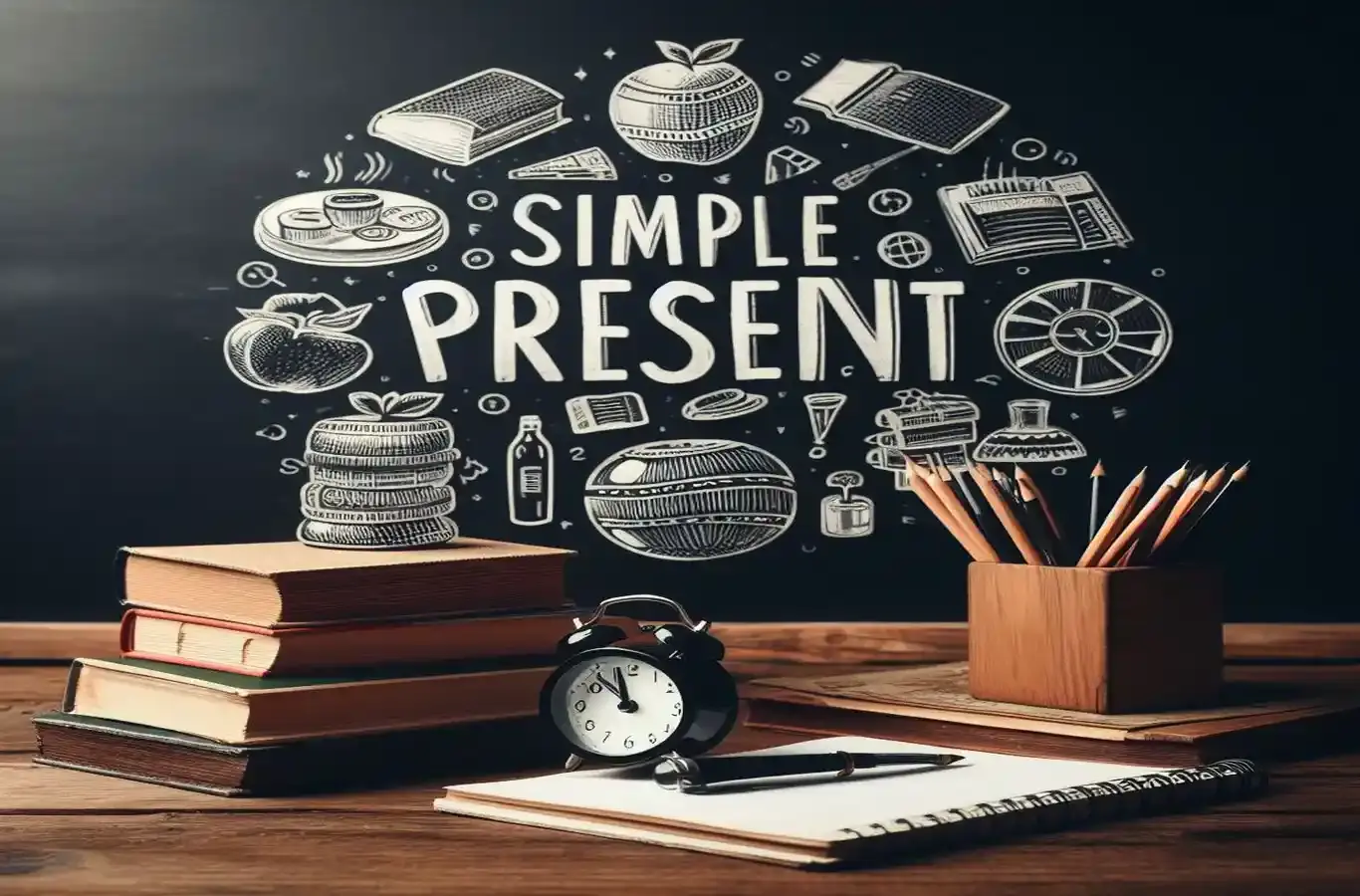 imagem de livros em cima da mesa e ao fundo um quadro negro de escola com o texto escrito :"simple present"