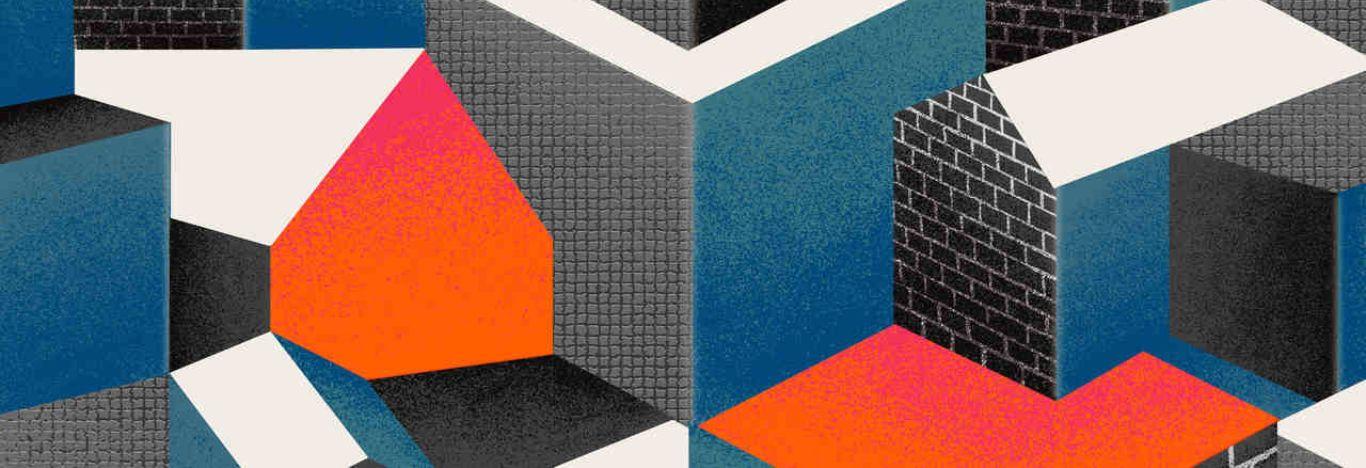 Pintura de casas e formas geométricas no estilo do movimento bauhaus.