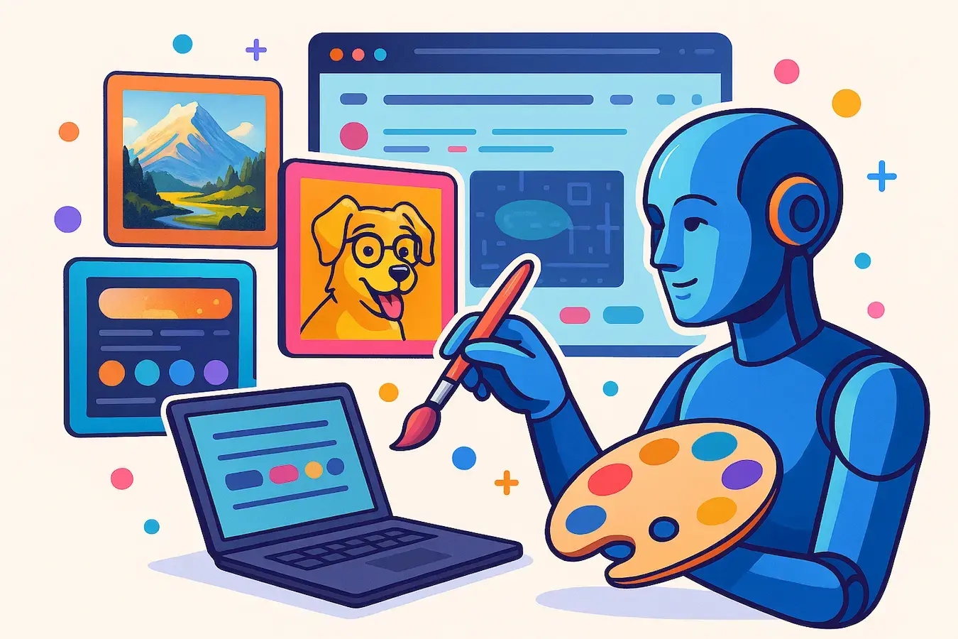 representação de uma IA criando artes visuais em diferentes estilos (realista, cartoon, futurista), com uma interface digital em segundo plano e elementos como pincel, paleta de cores e computador