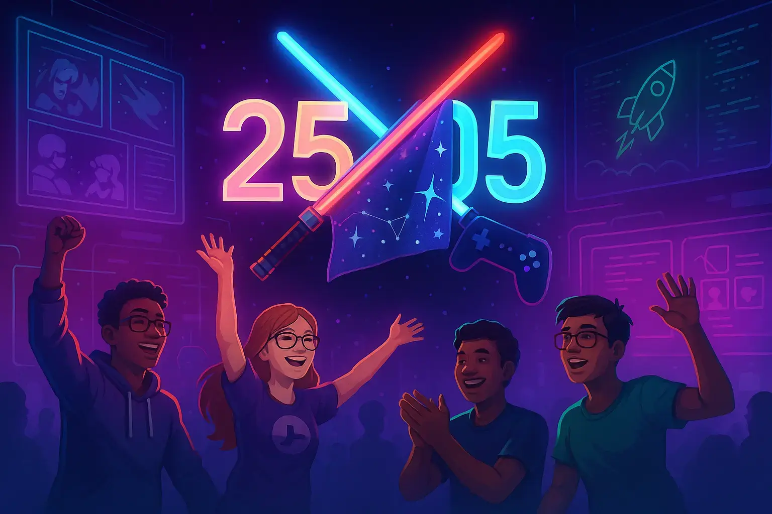 Ilustração digital horizontal e vibrante representando a celebração do Dia do Orgulho Nerd. Ao centro, o número “25/05” brilha em tons neon, com dois sabres de luz cruzados (um azul e outro vermelho), uma toalha com constelações e um controle de videogame formando os elementos visuais do número. Ao fundo, hologramas exibem painéis de quadrinhos, códigos e um foguete, simbolizando a cultura geek. Em primeiro plano, quatro pessoas de diferentes etnias e gêneros comemoram sorridentes, em um cenário noturno futurista iluminado por luzes roxas, azuis e verdes.