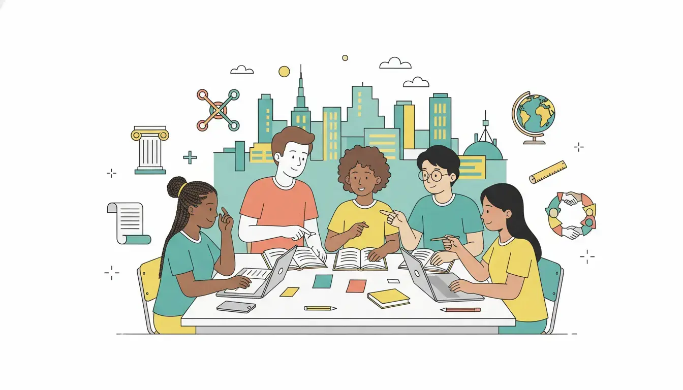 Alunos estudando em uma mesa sobre o que mais cai em humanas no enem.