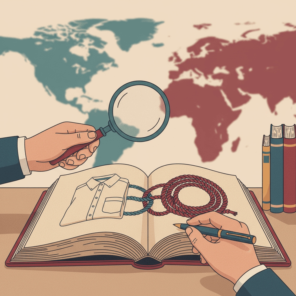 Ilustração editorial: mãos com lupa sobre livro em espanhol mostrando camisa e corda que se metamorfoseiam, mapa da Espanha ao fundo.