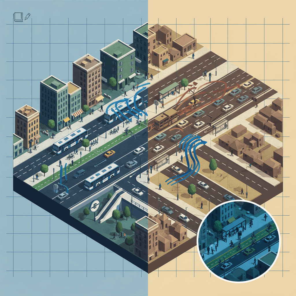Ilustração isométrica de cidade dividida mostrando mobilidade urbana eficiente de um lado (ônibus, metrô, ciclovia) e carência de transporte do outro, com linhas de tráfego e símbolos de estudo discretos.