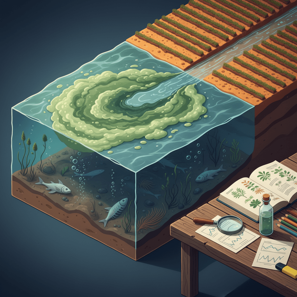 Ilustração editorial de um lago em eutrofização com flor de algas, água estratificada, peixes mortos no fundo e material de estudo (livro aberto, lupa e gráficos) ao lado.
