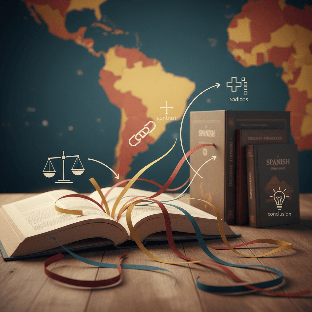 Ilustração editorial de livros em espanhol abertos e mapa, com fitas coloridas e ícones conectando relações lógicas, sem texto.