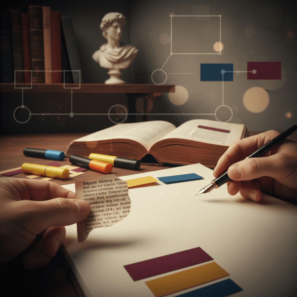 Ilustração editorial de mãos analisando fragmento de texto filosófico, com livro aberto e busto clássico ao fundo.