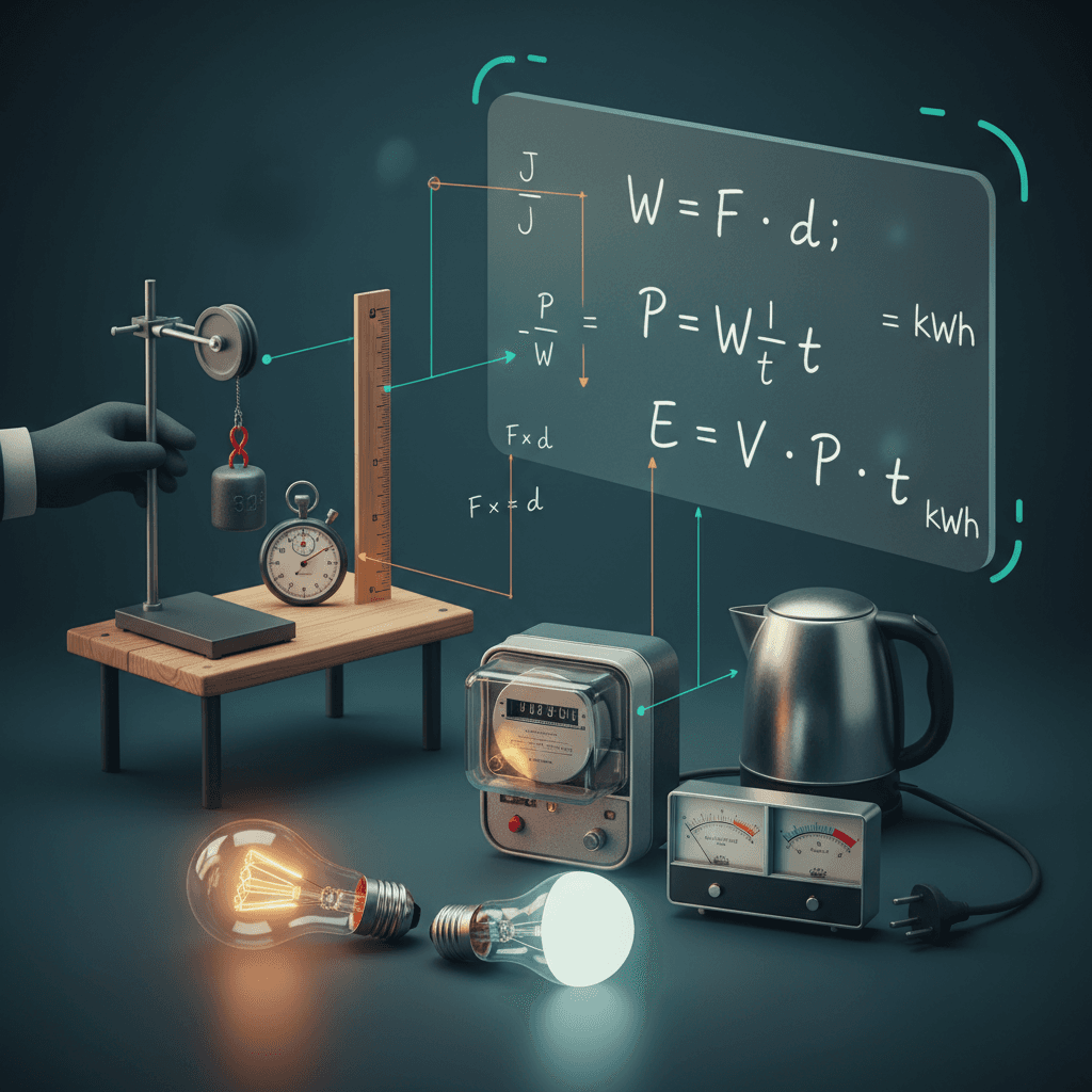 Ilustração editorial com lâmpadas, medidor de energia, polia e quadro com fórmulas (W = F·d, P = W/t, P = V·I, E = P·t) mostrando trabalho, potência e consumo elétrico.