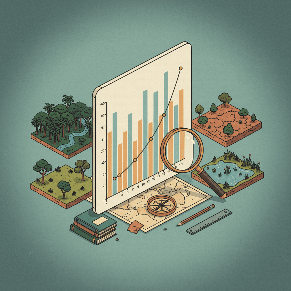 Ilustração editorial de um climograma estilizado com barras de precipitação e curva de temperatura, cercado por biomas brasileiros (floresta, cerrado, caatinga, pantanal), bússola e lupa.