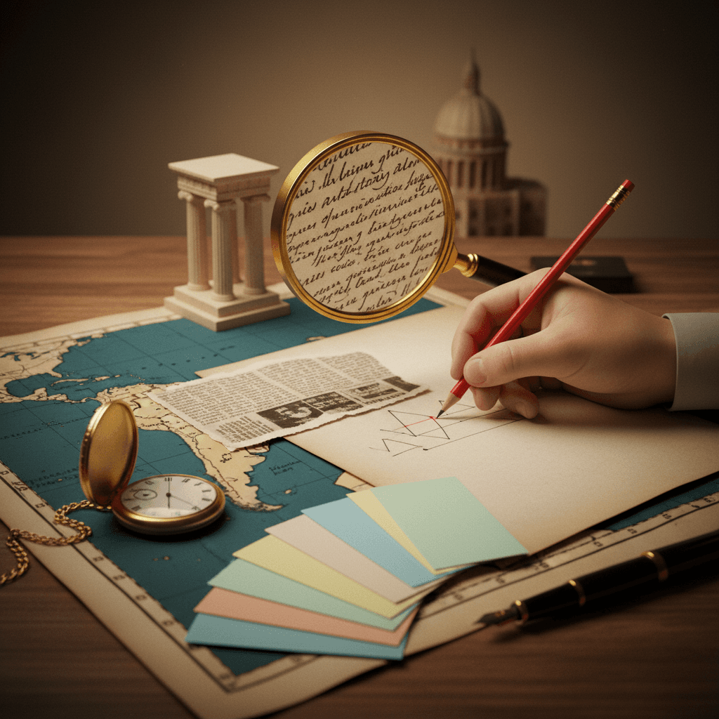 Ilustração editorial de fontes históricas sobre mesa: manuscrito antigo com lupa, mapa, cartões coloridos e caneta, simbolizando análise e estratégia para interpretar fontes no ENEM.