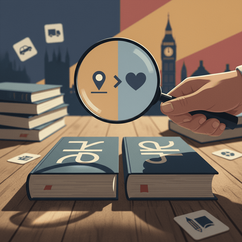Lupa em close sobre dois livros em inglês quase idênticos, revelando significados diferentes; ao fundo Big Ben desfocado.