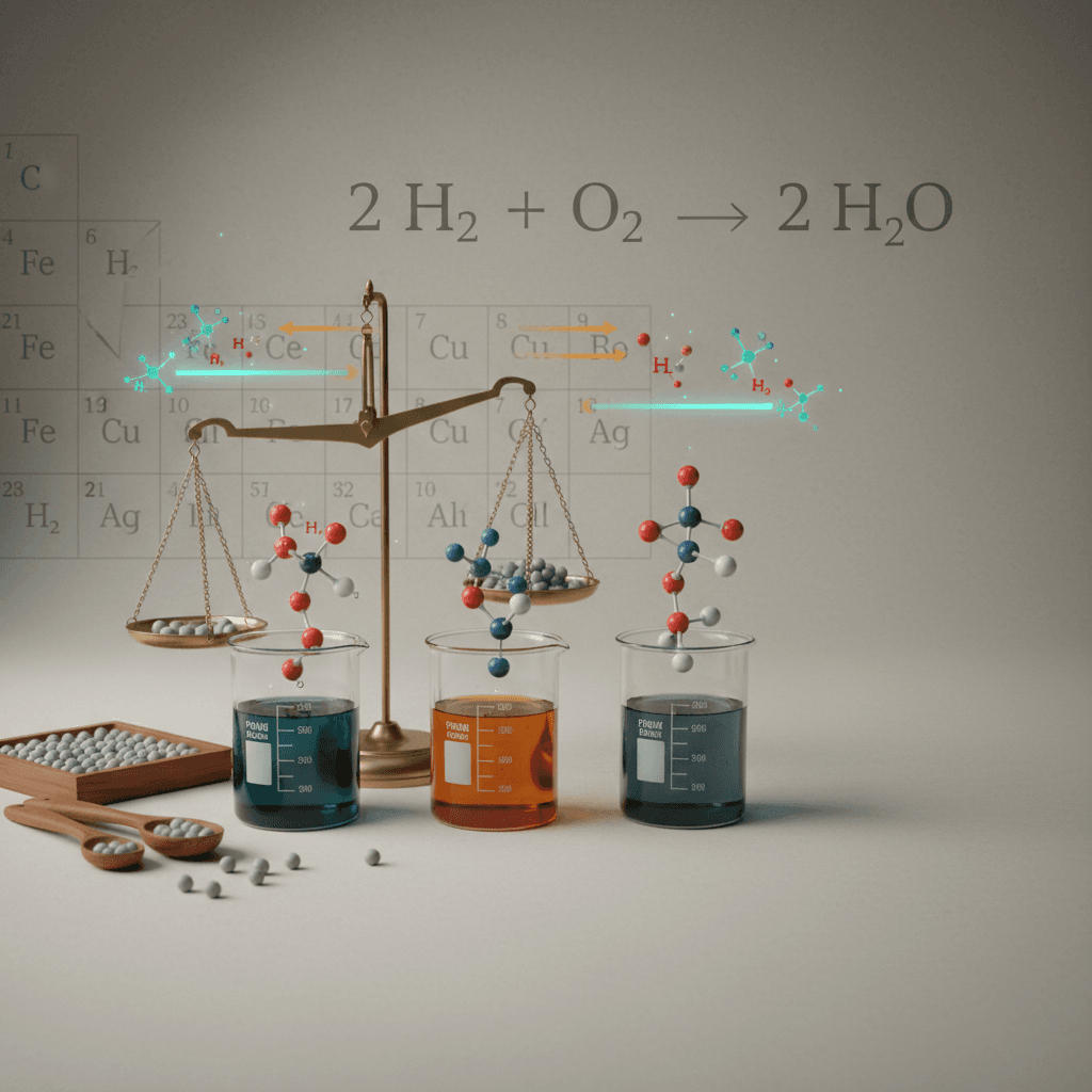 Ilustração editorial de estequiometria com béqueres, modelos moleculares, balança com reagente limitante e equação química ao fundo.