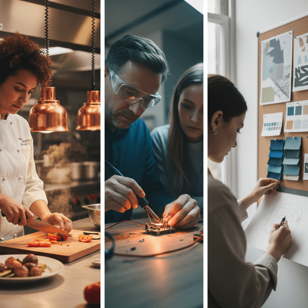 Montagem fotográfica de pessoas em cursos livres praticando culinária, prototipagem eletrônica e design, enfatizando teste prático de carreira.