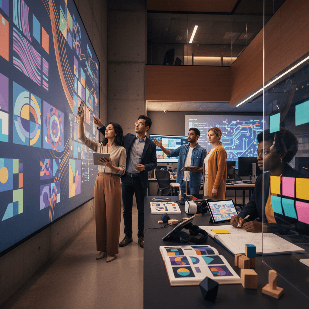 Equipe EdTech colaborando em laboratório moderno, com parede interativa, protótipos, gráficos e dispositivos educacionais.
