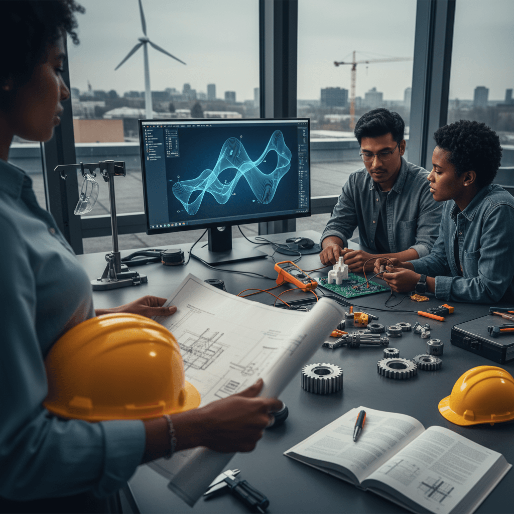 Ambiente real de engenharia com equipe diversa, plantas, protótipos, equipamentos e maquete de turbina, mostrando várias áreas da profissão.