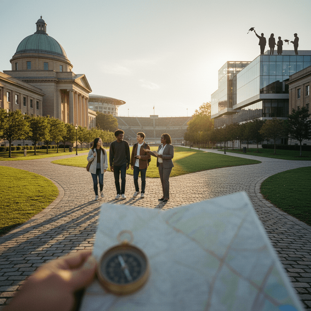 Estudantes e orientador conversando em um campus com caminhos divergentes e um capelo ao fundo.