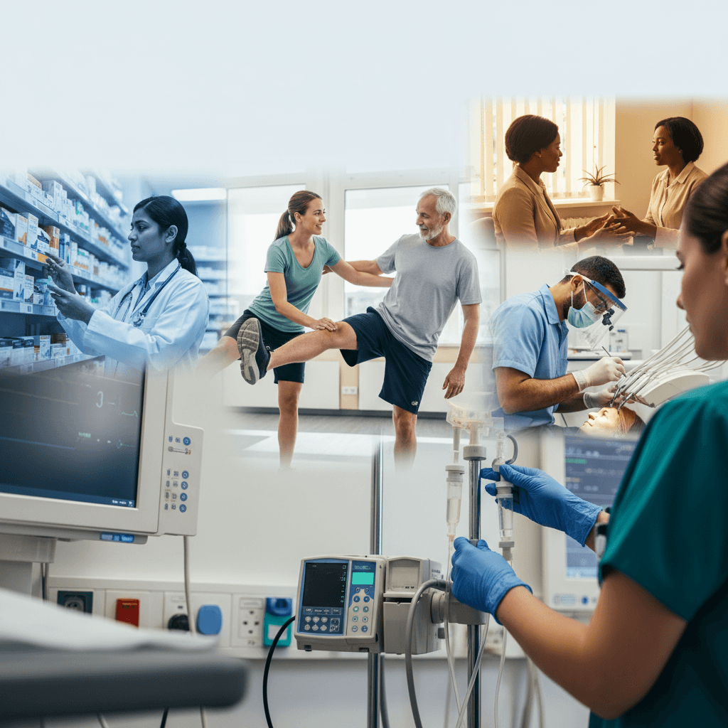 Montagem editorial de profissionais de saúde em ação: enfermeira ajustando soro, fisioterapeuta em sessão, farmacêutico checando frascos e dentista atendendo.