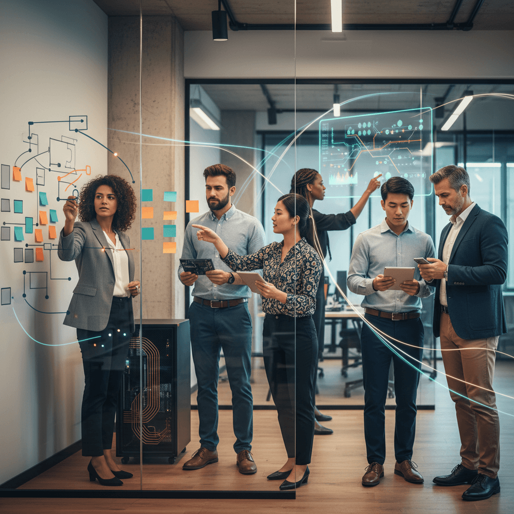 Equipe diversa em hub de tecnologia colaborando com arquitetura, hardware, design, dados e gestão, mostrando trilhas de carreira.