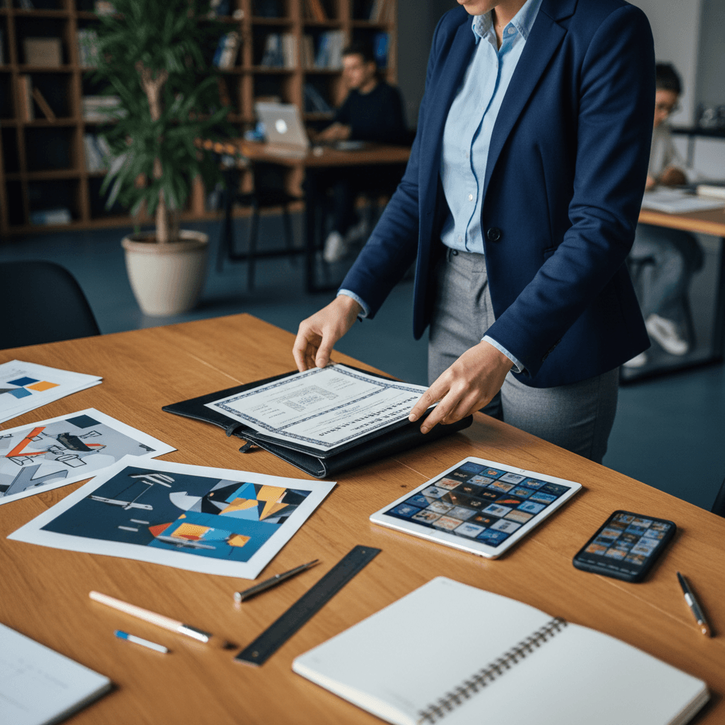 Profissional organizando portfólio com certificados, mockups e tablet em ambiente de coworking.