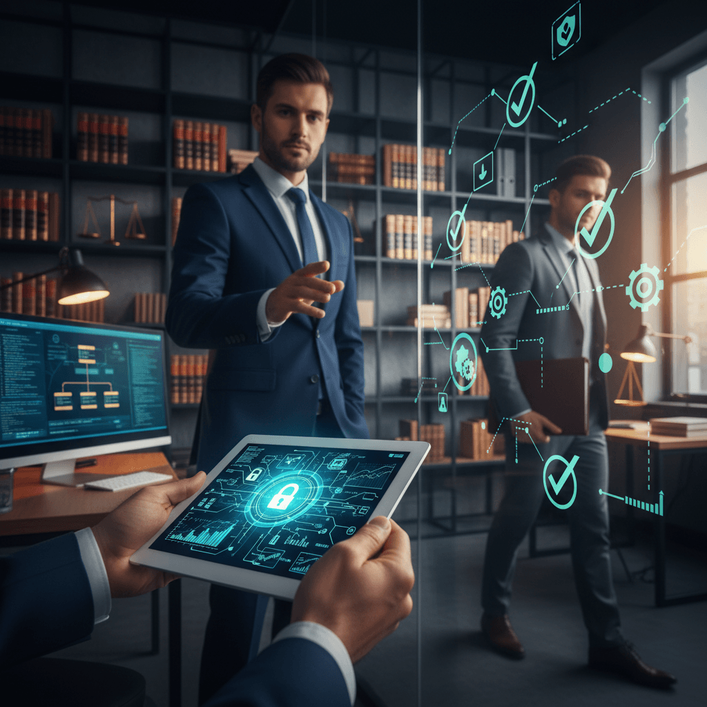 Profissionais do Direito em ambiente moderno com elementos visuais de LGPD, compliance e legaltech.