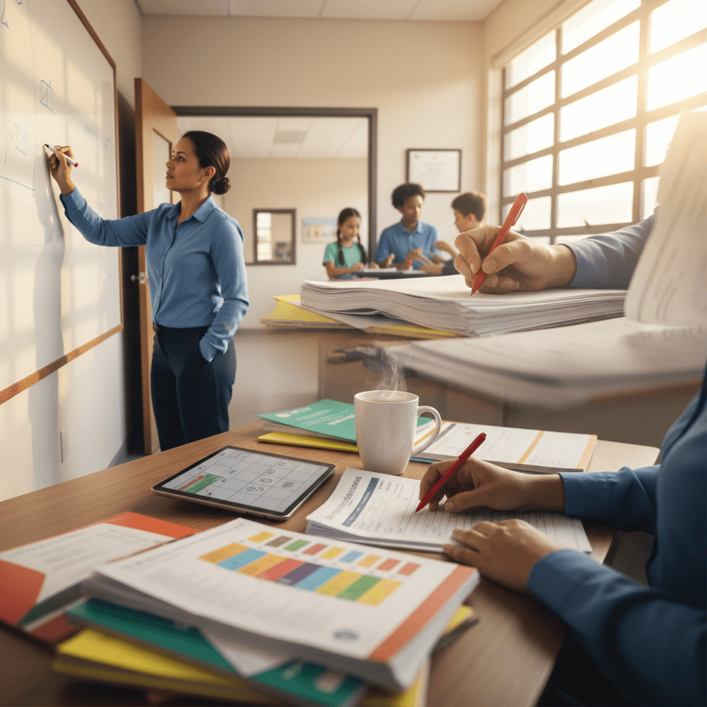 Professor(a) em vários momentos da rotina escolar: escrevendo no quadro, corrigindo provas e orientando alunos, mostrando a realidade da carreira em educação.