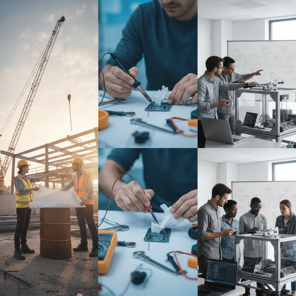 Montagem editorial com engenheiros em canteiro, bancada de prototipagem e startup colaborando em projetos.
