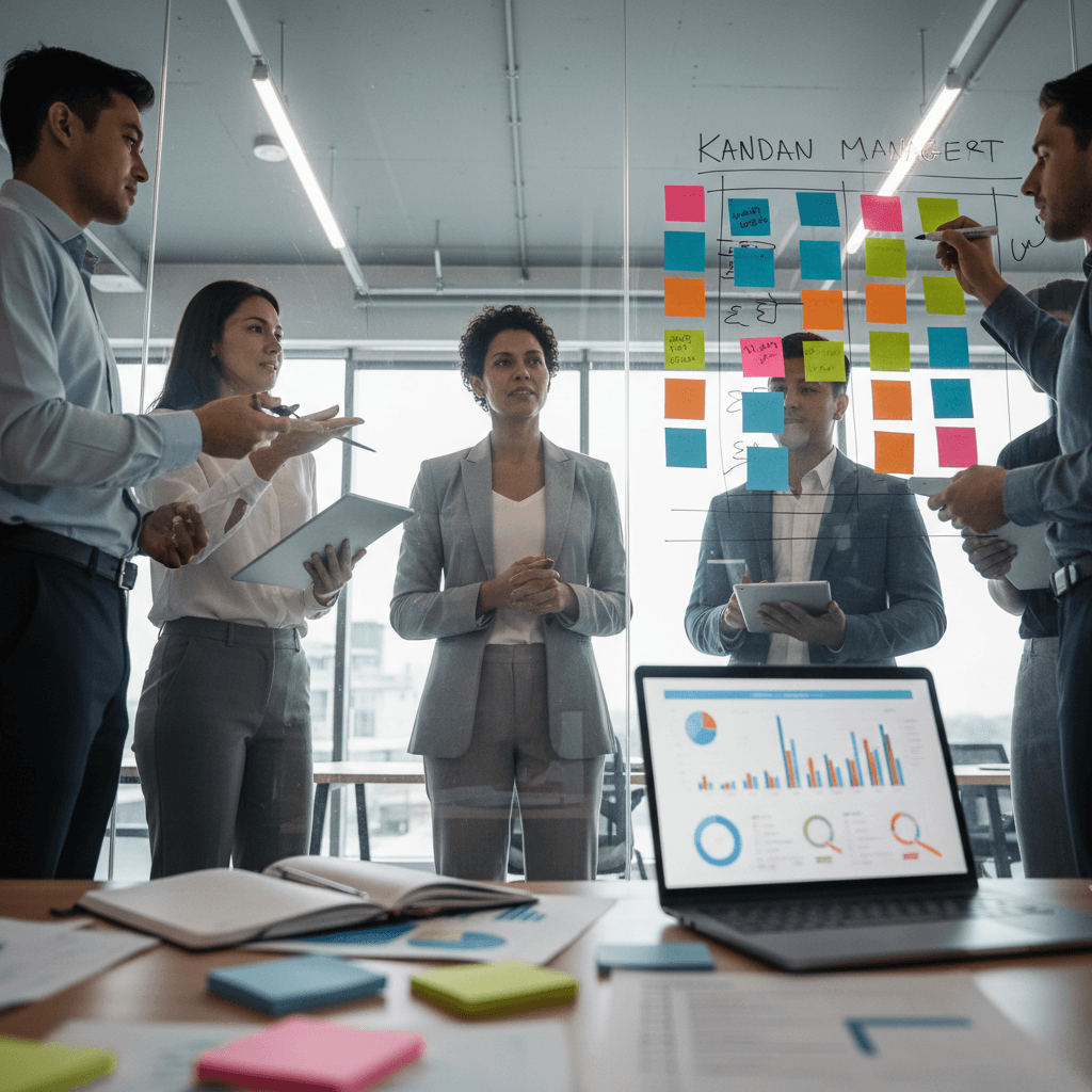 Gestor orientando equipe diante de um quadro estilo Kanban em escritório moderno, com membros colaborando e ferramentas práticas visíveis.