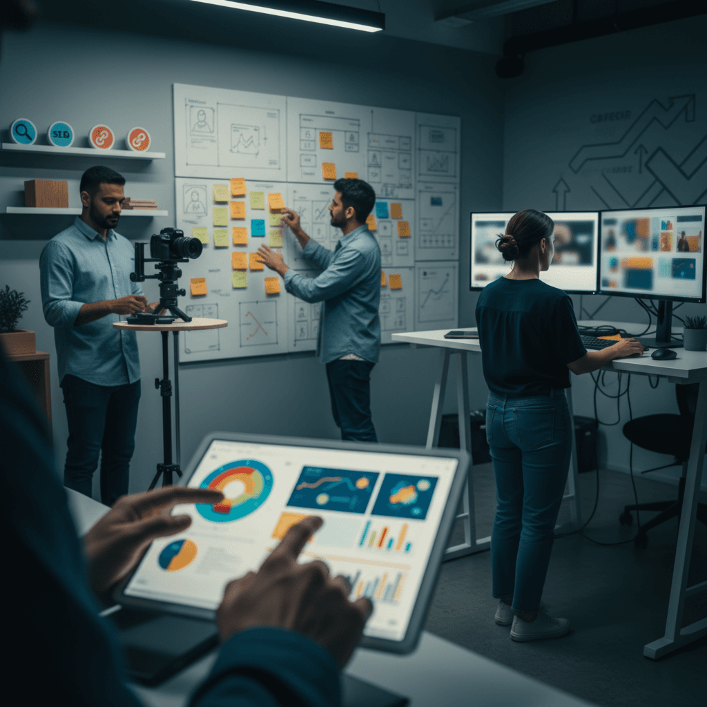 Equipe de marketing em ação: tablet com gráficos abstratos, quadro de post-its, perfis e protótipos, produção de conteúdo e telas com dashboards, em ambiente realista.