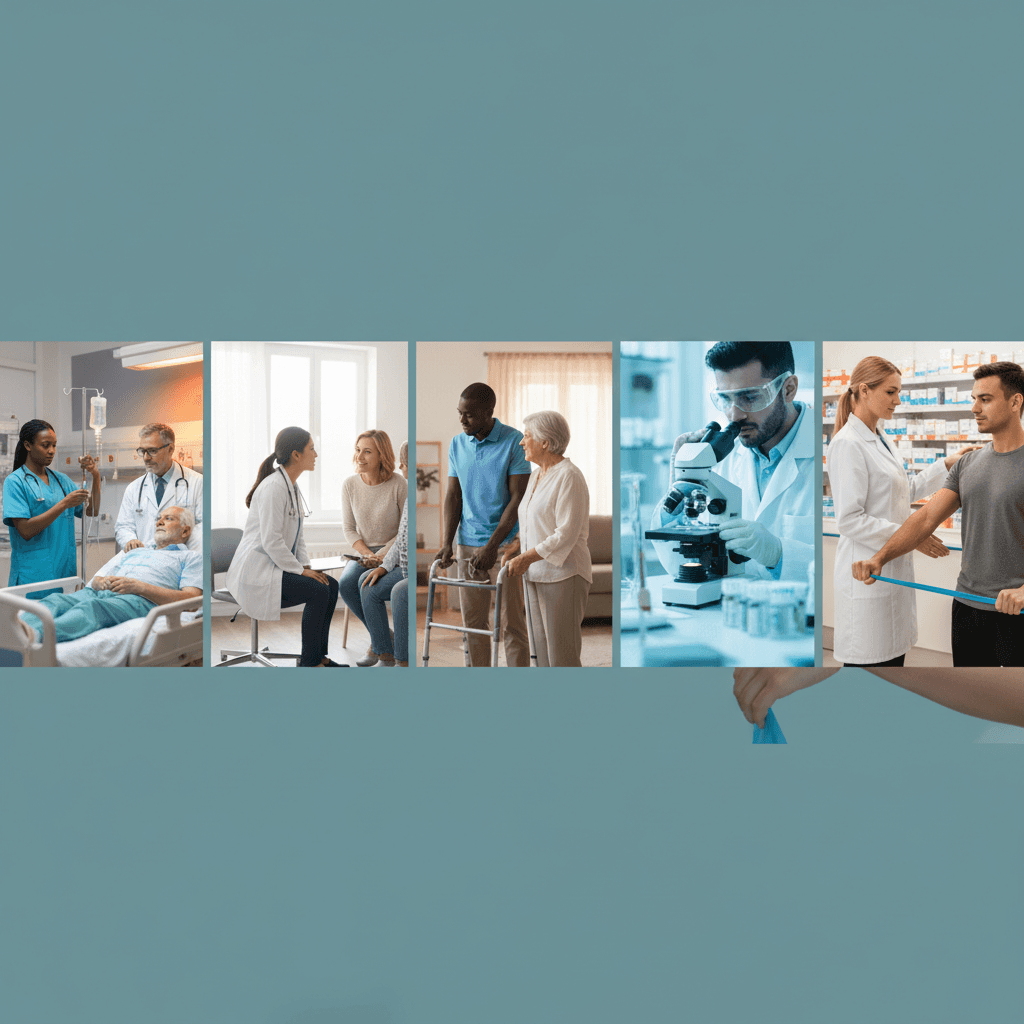 Montagem foto-editorial de ambientes de trabalho em saúde mostrando profissionais atuando em hospital, clínica, domicílio, laboratório, farmácia e fisioterapia.