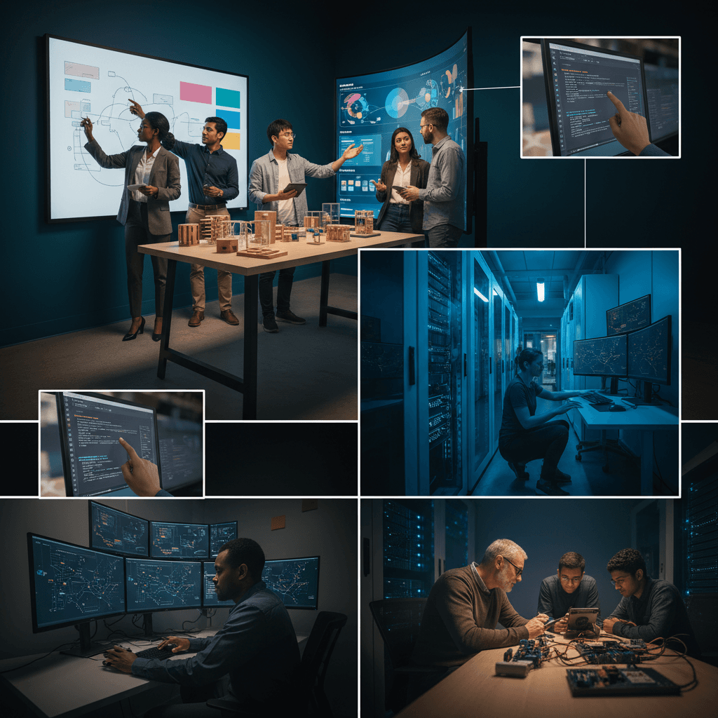 Ambiente de hub tecnológico com várias trilhas: product, UX, data, devops e segurança, profissionais em ação sem textos na imagem.