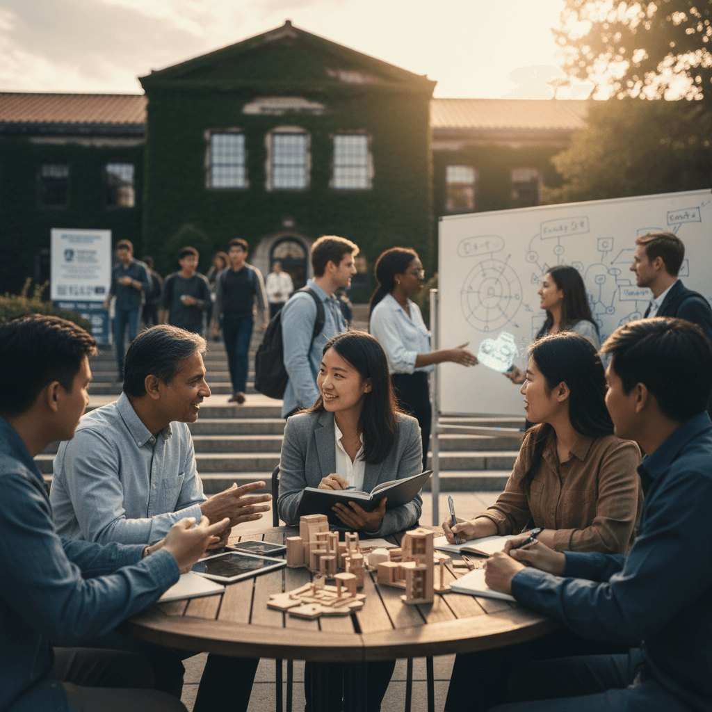 Cena editorial de campus universitário com estudantes em mentorias, projetos e networking para ampliar repertório e oportunidades de carreira.