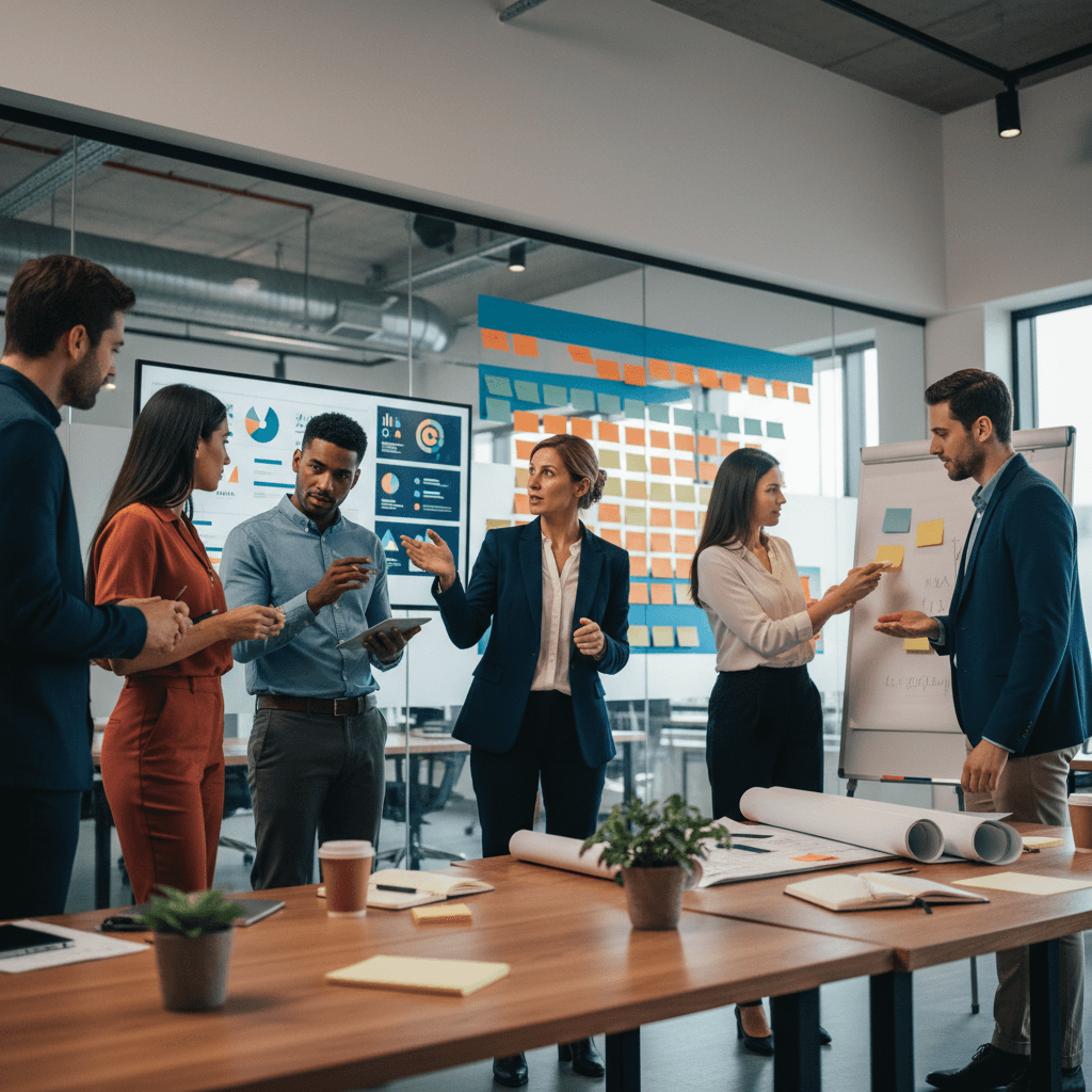 Gestor em pé conduzindo equipe diante de quadro kanban e dashboard em escritório moderno, mostrando rotina e responsabilidades.