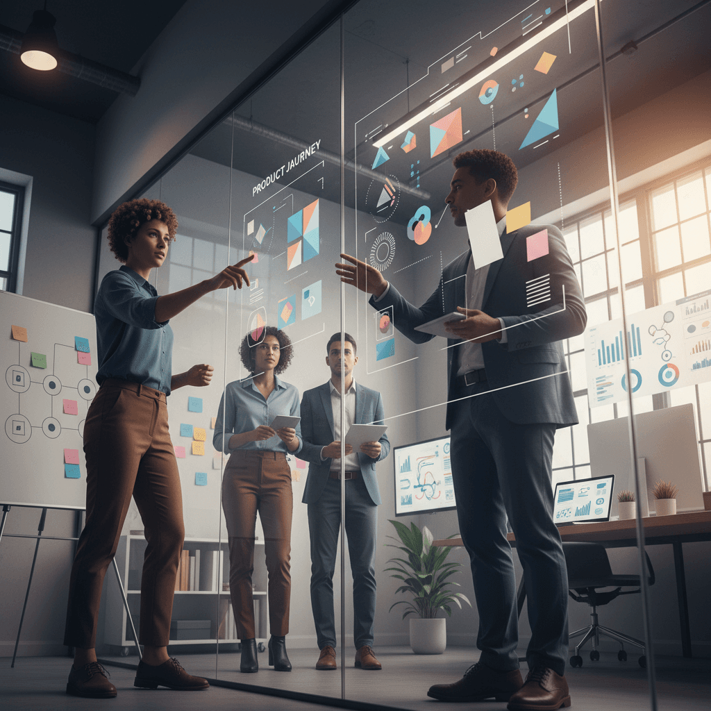 Equipe de Product Marketing em escritório moderno conectando produto, dados e mercado com tela de dados, mockups e quadro de jornada do cliente.
