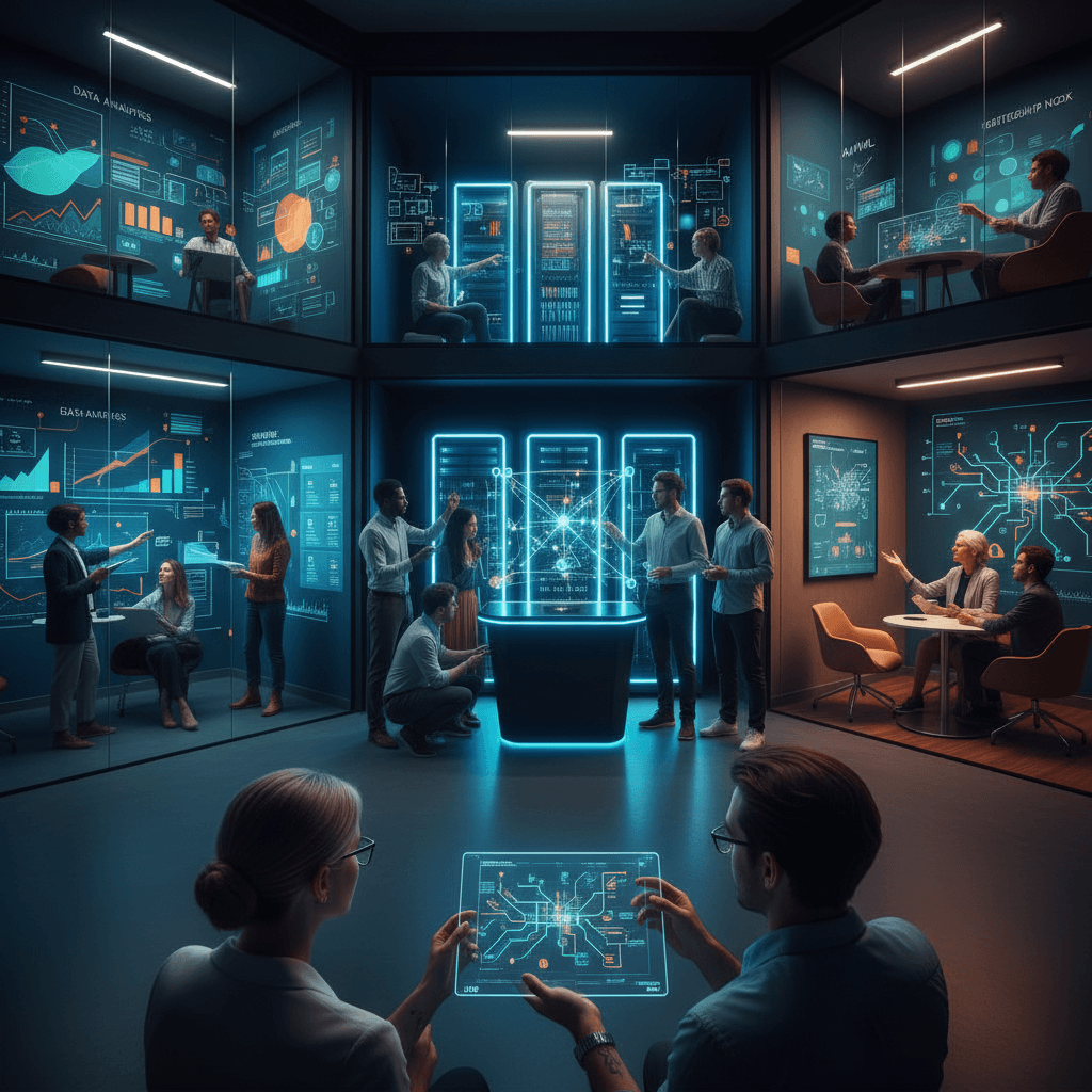 Profissionais diversos em um hub de tecnologia mostrando áreas de dados, desenvolvimento e IA, discutindo rotas de carreira.