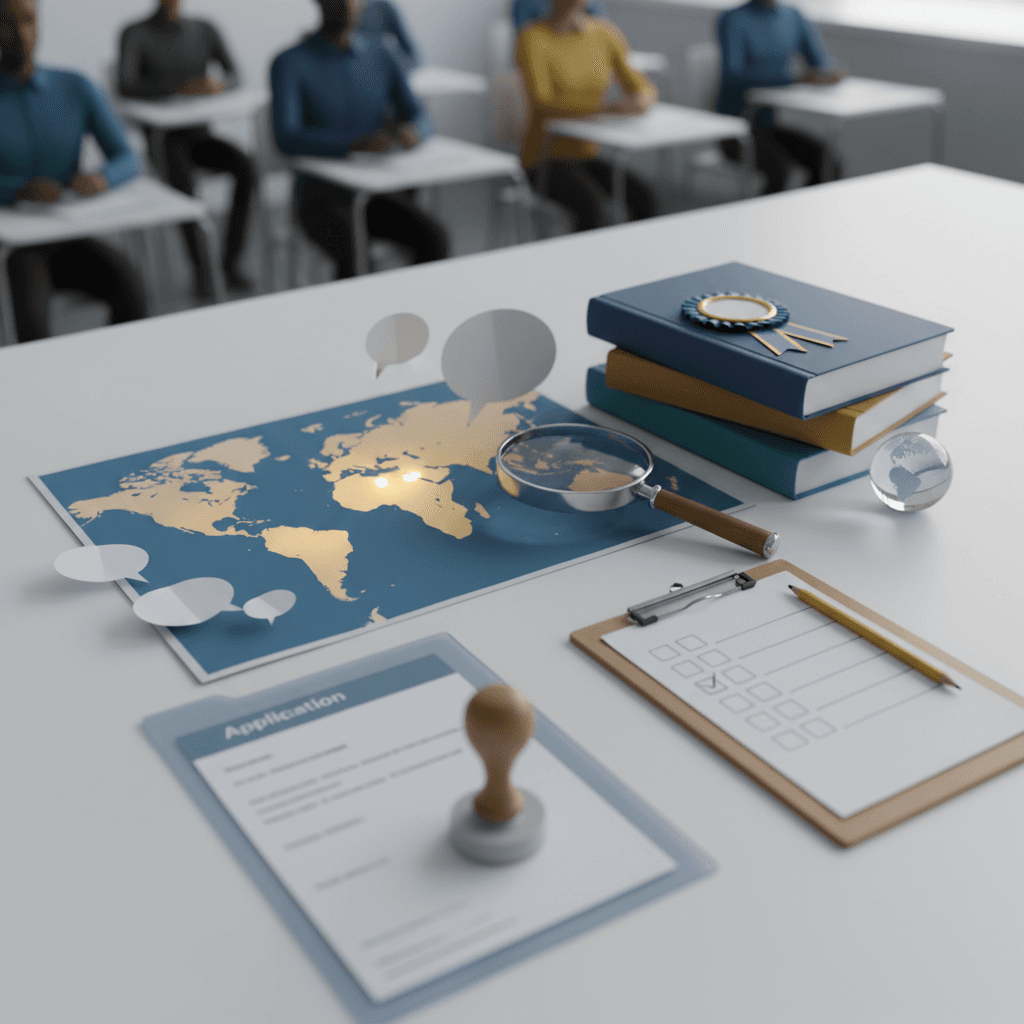Ilustração editorial com pasta de inscrições, lupa sobre mapa do Brasil, livros de língua e certificado, representando seleção do Celpe-Bras e ensino de português para estrangeiros.