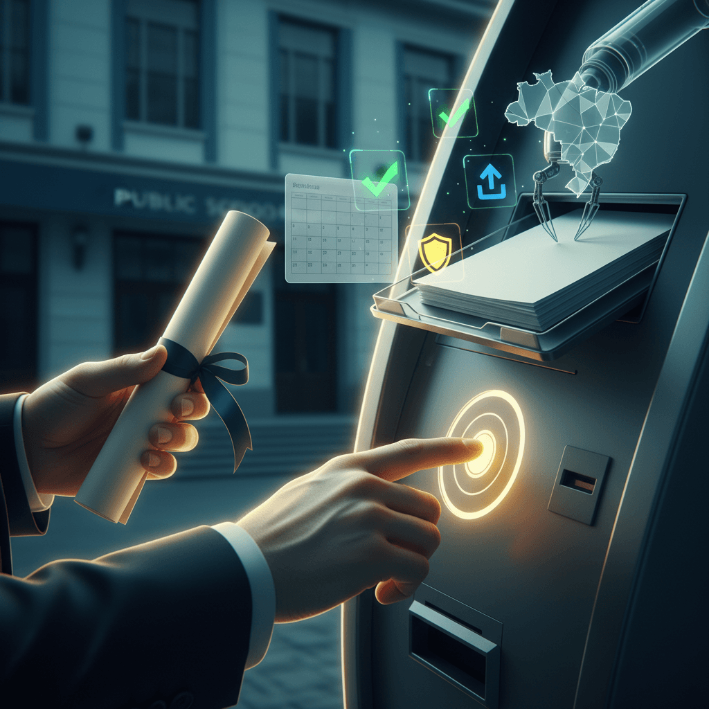 Mãos entregando certificado a um quiosque de inscrição automática com ícones digitais, simbolizando a inscrição automática no Enem 2026.
