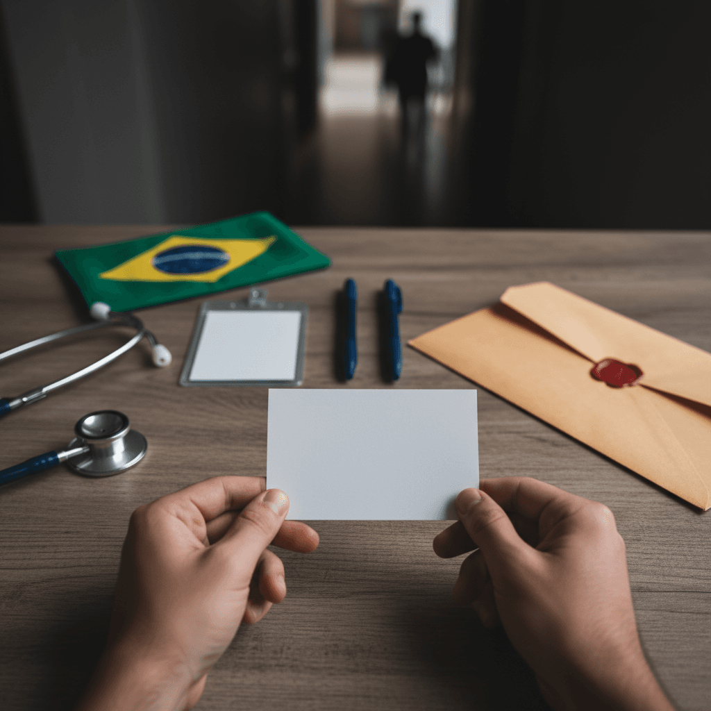 Mãos segurando cartão de confirmação em branco sobre mesa com estetoscópio, canetas e bandeira do Brasil ao fundo, indicando verificação do cartão do Revalida.