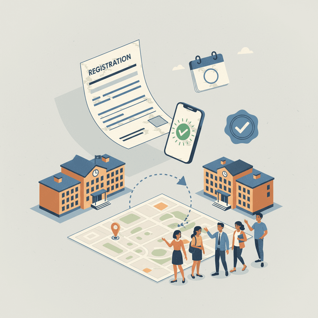 Ilustração editorial mostrando inscrição automática do Enem 2026: formulário, mapa com mudança de local de prova, celular com confirmação e estudantes da rede pública.
