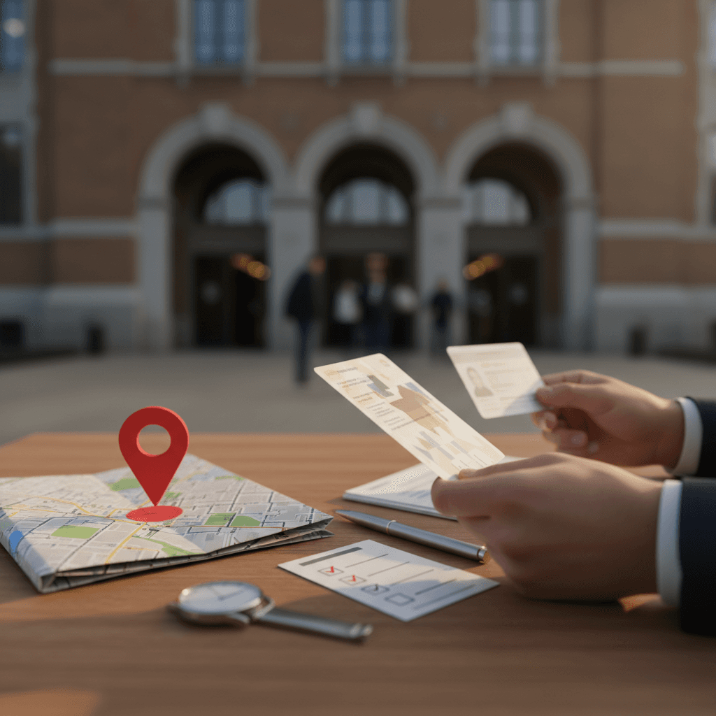 Mãos segurando cartão de confirmação do Revalida e documento, com mapa e fachada do local de prova desfocados ao fundo.