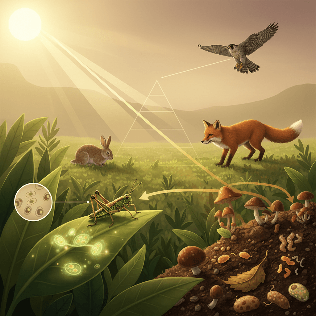 Ilustração editorial da cadeia alimentar mostrando sol, plantas, herbívoro, carnívoro e decompositores com feixes de energia diminuindo em cada nível.