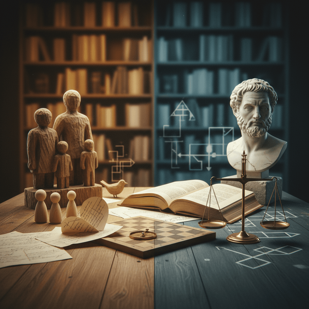 Ilustração editorial dividida: símbolos de moral (coração, figuras familiares) em tons quentes e símbolos de ética (busto, balança, livros) em tons frios.