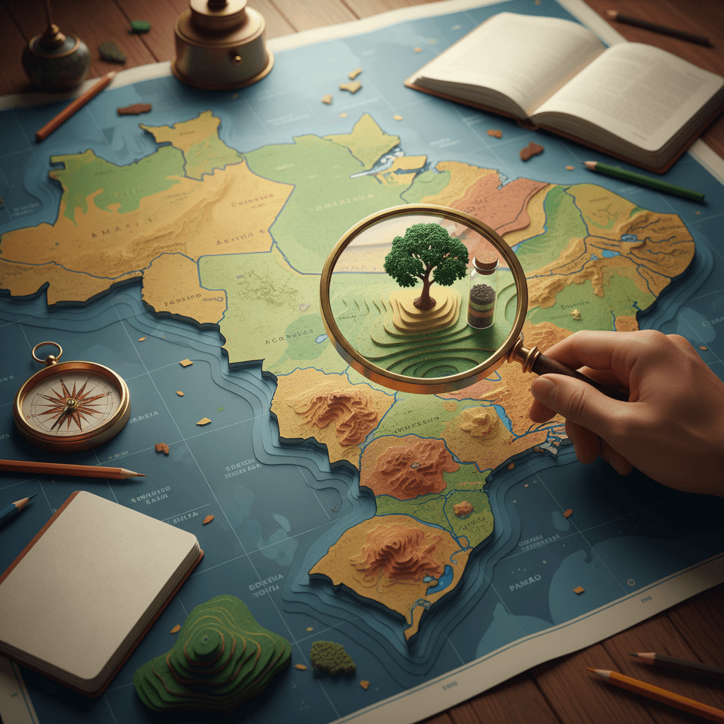 Ilustração editorial de mapa do Brasil com camadas de clima, relevo, solo e vegetação, lupa e bússola para estudo dos domínios morfoclimáticos.