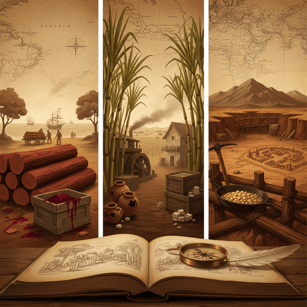 Ilustração editorial em painel mostrando pau-brasil (tora e tingimento), açúcar (canavial e engenho) e ouro (peneira e pepitas) sobre mapa antigo do Brasil.