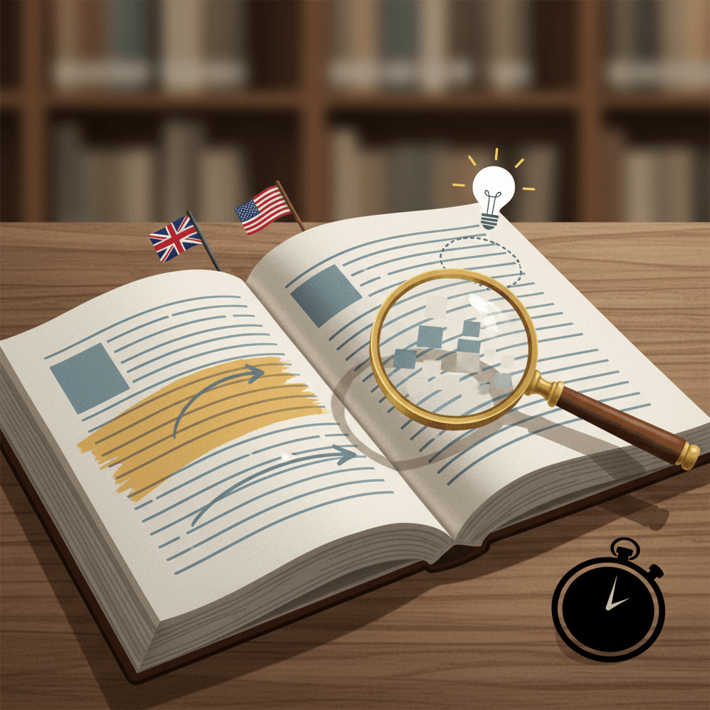 Ilustração editorial de livro aberto com lupa, pincel translúcido, bandeiras, relógio e lâmpada simbolizando skimming, scanning e inferência em leitura de inglês.