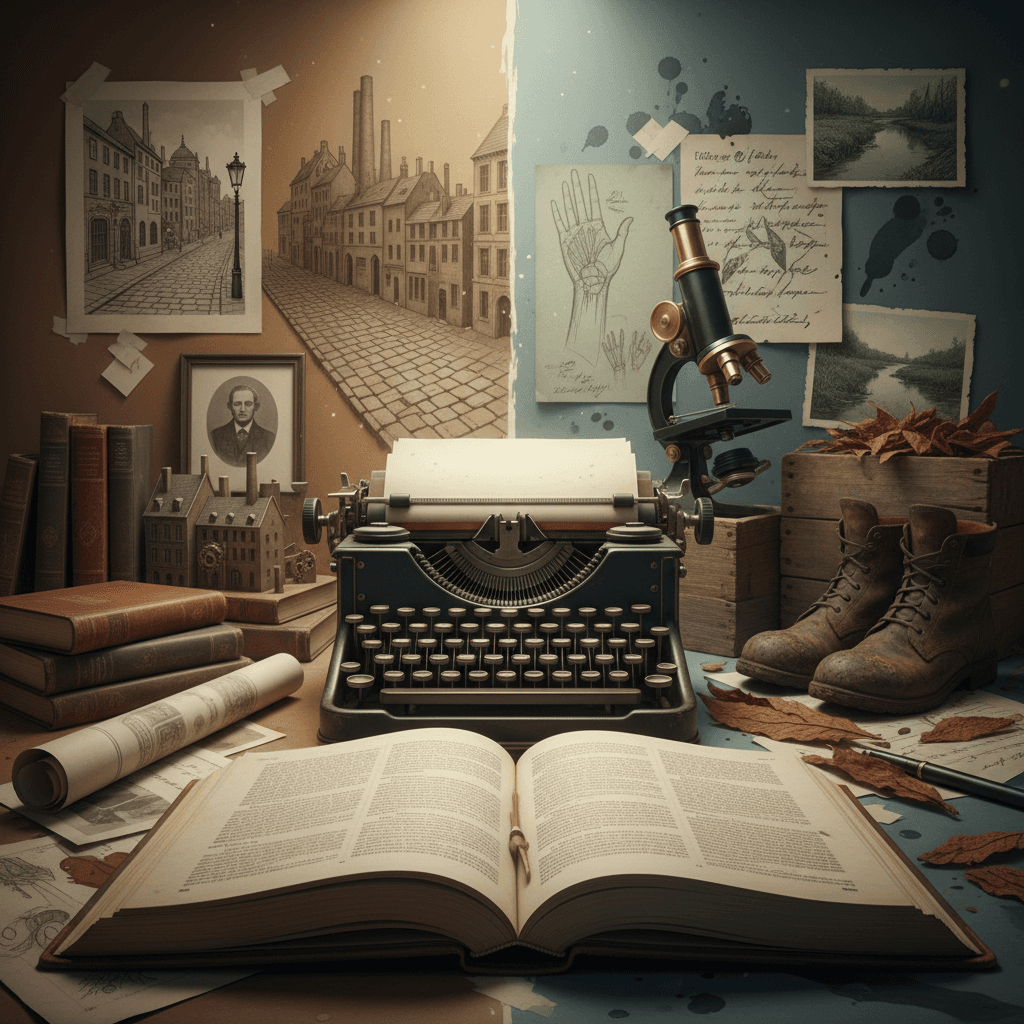 Ilustração editorial com uma máquina de escrever e livro ao centro dividindo símbolos do Realismo (cidade, retrato, livros) e do Naturalismo (microscópio, esboços anatômicos, botas enlameadas).